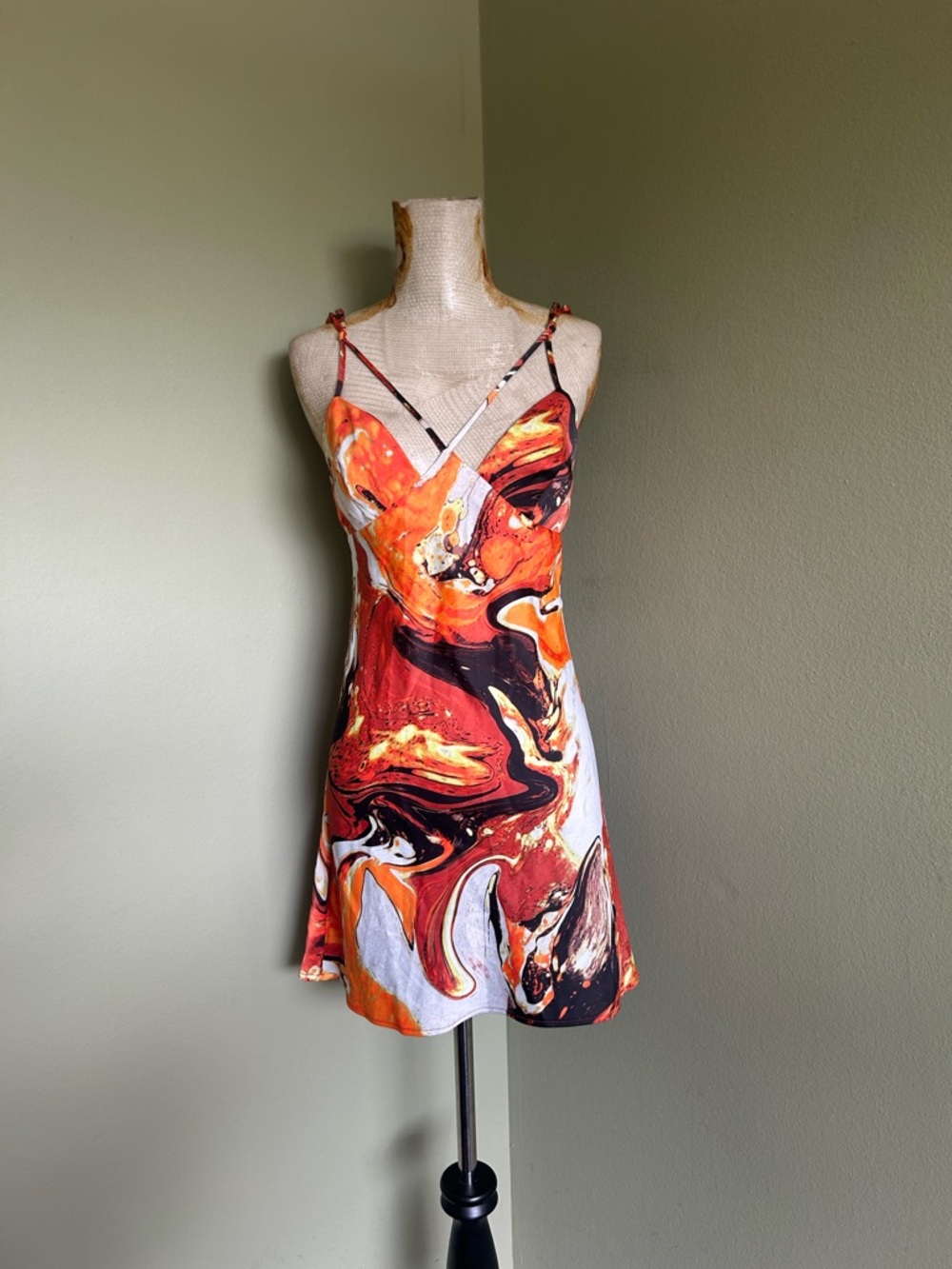 Urban Outfitters Orange, Black & Beige Marble Slip Dress